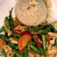 Sauteed Thai Basil Sauce กะเพรา · Sauteed onions, stringbean,carrot,bell peppers in spicy basil sauce. Served with jasmine ric...