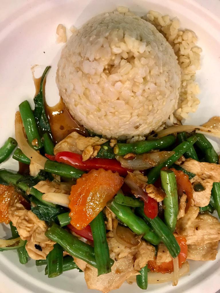 Sauteed Thai Basil Sauce · Sauteed onions, stringbean,carrot,bell peppers in spicy basil sauce. Served with jasmine rice. Spicy.