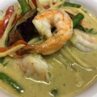 Green Curry แกงเขียวหวาน · Coconut curry, eggplants, string beans, bell peppers, bamboo shoots and basil leaves. Served...