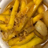 Mango Yellow Curry · Coconut curry, fresh mango, potato and red onion. Served with jasmine rice. Spicy.