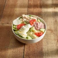 Chef Salad · Ranch dressing, ham, turkey, provolone cheese, tomatoes, eggs and cucumbers.