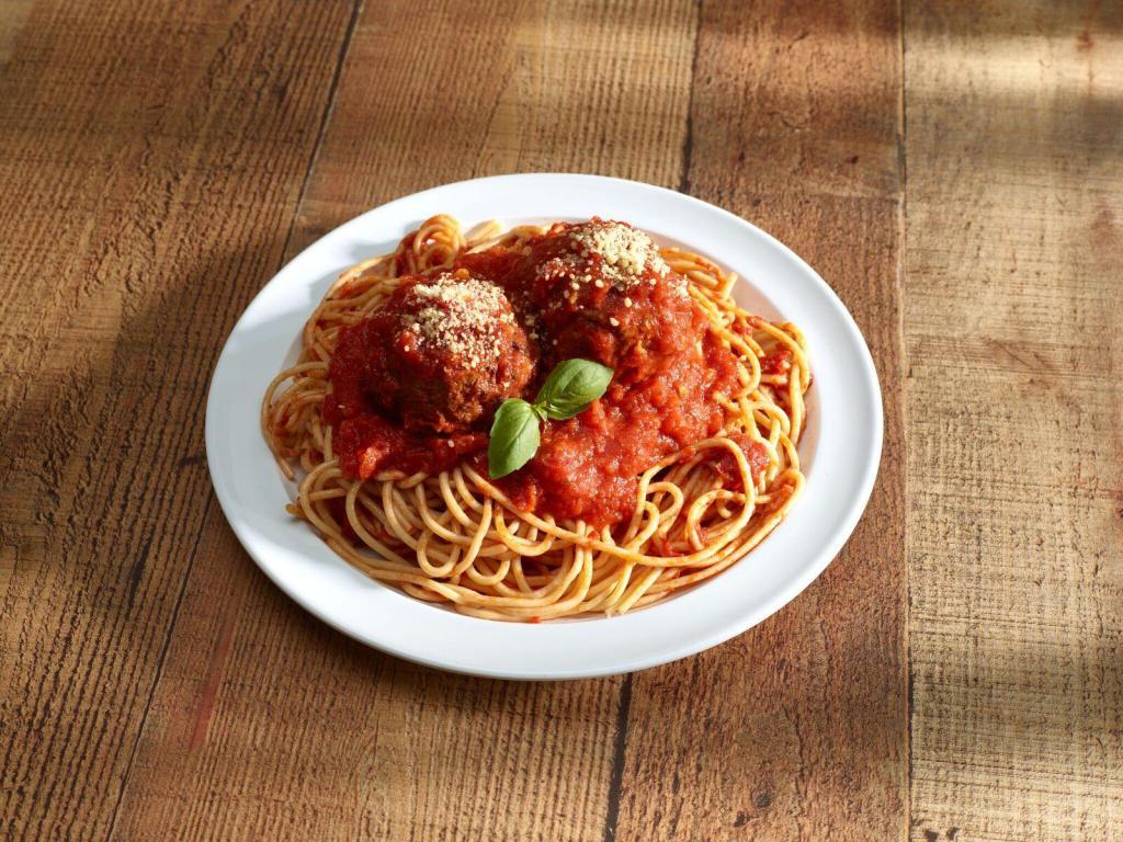 Spaghetti with Meatballs · Spaghetti & Meatballs topped with Marinara Sauce.
Meat sauce is additional cost