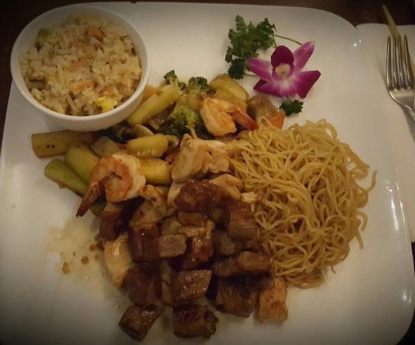 Steak Hibachi · Includes fried rice, hibachi vegetables, shrimp appetizer, clear broth onion soup or house salad, prepared with soy sauce, butter, garlic, pepper and salt.