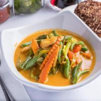 Panang Curry Lunch · Green beans, bell peppers, carrots and kaffir lime leaves. Simmered in creamy panang curry w...