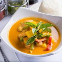 Pineapple Curry Lunch · Fresh pineapple, bell peppers, tomatoes and sweet basil. Simmered with red curry and coconut...