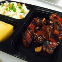 Babyback Rib Meal · 3 BBQ baby back ribs with fries, coleslaw or mac, cornbread and can of soda.