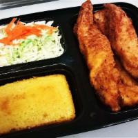 Chicken Tender Meal · 4 chicken tenders with dipping sauce with fries, coleslaw or mac, cornbread and can of soda.