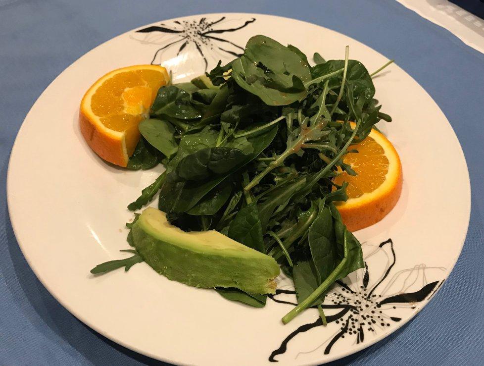 Milano Salad for One · Arugola and spinach with balsamic vinaigrette, topped with avocado and orange slices.