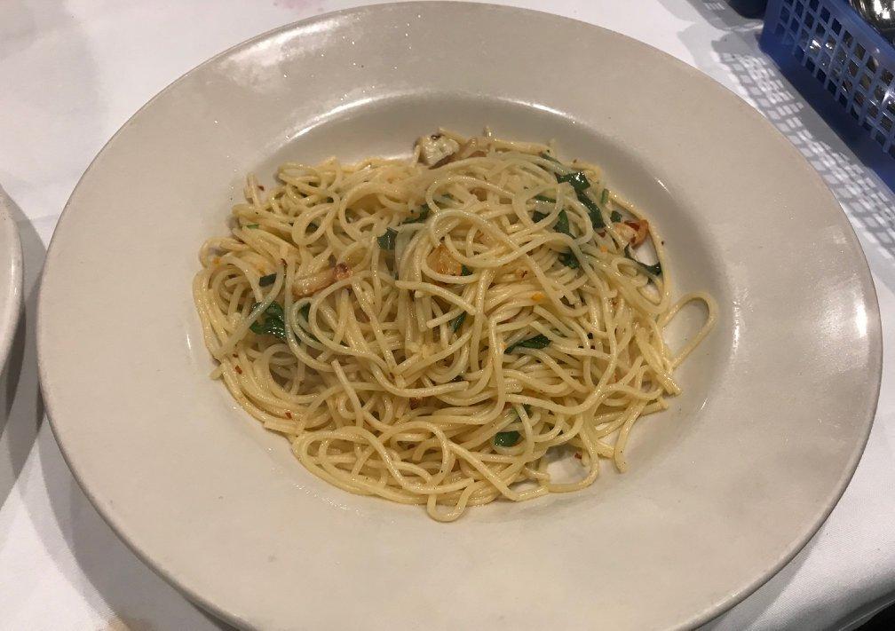 Spaghetti Pepe Rosso · Spaghetti, roast garlic, olive oil, and peppercinis and Parmesan cheese.
