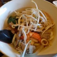 NS2. Udon Noodle Soup · Thai-style udon noodle soup with chicken, beef, pork and shrimp.