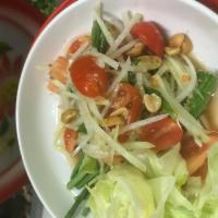 Y2. Papaya Salad · Papaya salad mixed with dried shrimp, long beans, peanuts, tomatoes and fish sauce. Hot and ...