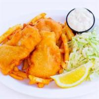 Fish & Chips · Freshly-battered cod served with french fries and coleslaw.