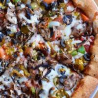 Classic Veggie Pizza · Black olive, onion, mushroom, green peppers, Italian sweet peppers, tomato and smoked provol...