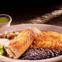 Burrito (En Platillo Supreme) · Homemade burrito with melted Oaxaca cheese, Grilled Chicken, Bistec, Shrimp, rice, beans & g...