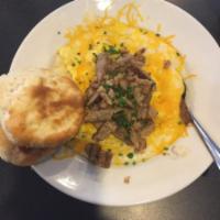 Breakfast Bowl · Scrambled eggs, creamy grits, sharp cheddar cheese & your choice of chicken sausage or pork ...