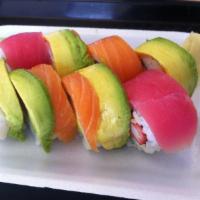 Rainbow Roll · California roll topped with avocado, tuna, salmon and white fish. No soy paper, can’t make w...