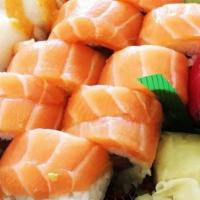 Salmon Lover Roll · Salmon & avocado inside, topped with fresh salmon No soy paper, can’t make without seaweed
