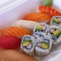 Sushi Entree · Six pieces of variety of nigiri, sliced raw fish topped over sushi rice with California roll...