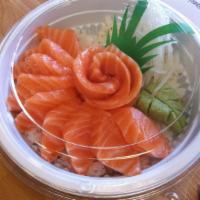 Sake Don · Ten pieces of salmon sashimi topped over bowl of sushi rice. Includes miso soup.