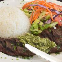 Churrasco Latino · Tender skirt steak with chimichurri sauce, served with a choice of 3 sides