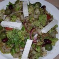 Insalata del Mediterraneo · Romaine, cucumber, diced tomatoes, red onions, feta cheese, green and black olives, olive oi...