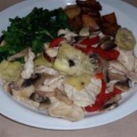 Pollo alla Zingara · Chicken sauteed with roasted peppers, artichokes and mushrooms in a white wine sauce. Served...