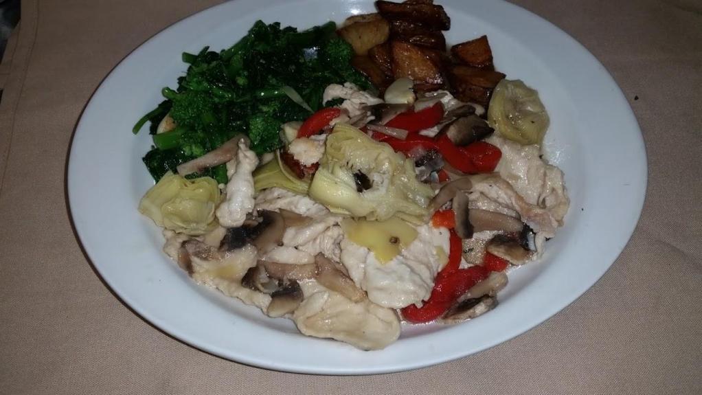 Pollo alla Zingara with Pasta · Chicken sauteed with roasted peppers, artichokes and mushrooms in a white wine sauce. Served with your choice of pasta.