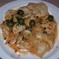Pollo alla Livornese · Chicken sauteed with onions, capers, green olives, white wine and touch of marinara sauce. S...