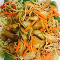 Shanghai Chicken Salad · Romaine lettuce, grilled chicken breast, Napa cabbage, green onions, carrots, tomatoes, chow...