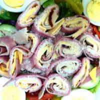 Chef's Salad · Thin sliced ham, turkey and provolone cheese, hard broiled egg served atop regular garden sa...