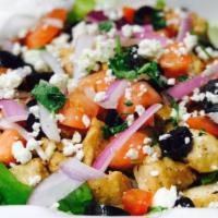 Mediterranean Rice Bowl · Grilled chicken breast, rice, romaine lettuce,tomato, red onions, cilantro, black olives, fe...