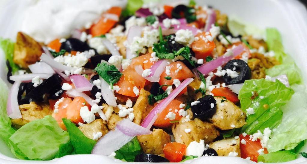 Mediterranean Rice Bowl · Grilled chicken breast, rice, romaine lettuce,tomato, red onions, cilantro, black olives, feta cheese and cucumber sauce.