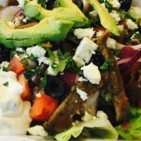 Gyro Rice Bowl · Grilled gyro meat, rice, romaine lettuce, tomato, red onion, cilantro, black olives, feta ch...