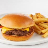 Kid's Cheeseburger · Quarter pound crush burger with American cheese, tomato and pickles.