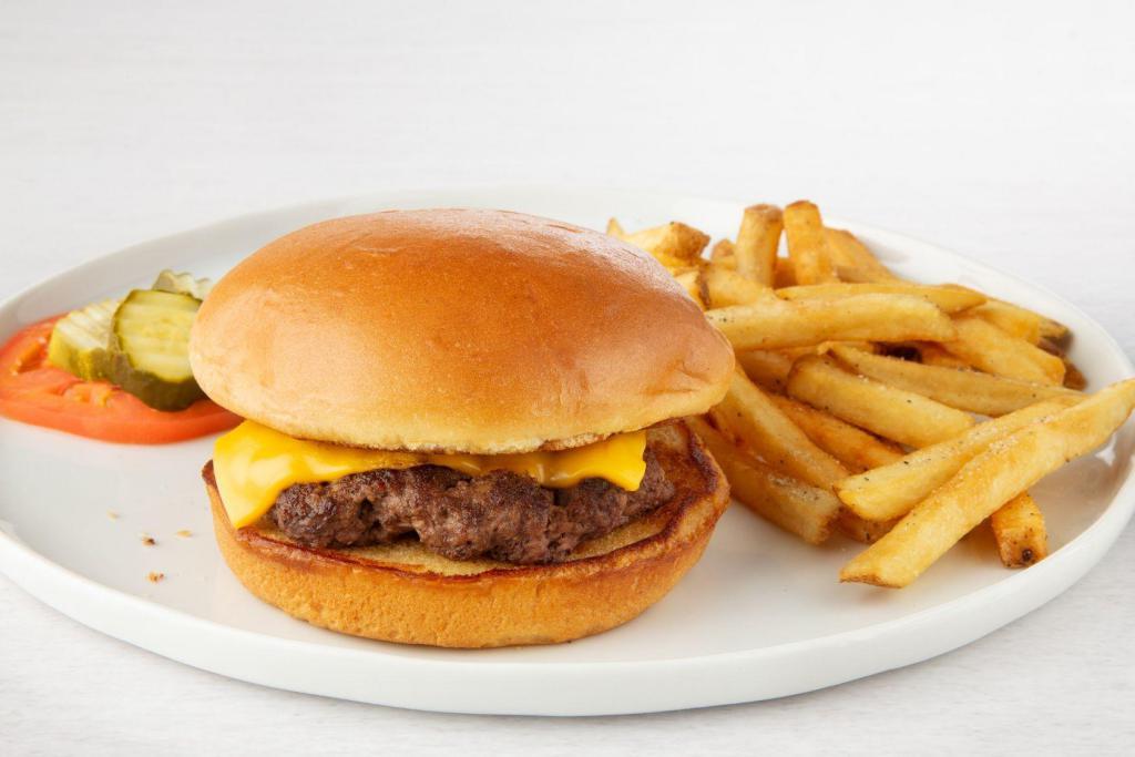 Kid's Crush Cheeseburger · Quarter pound crush burger with 
American cheese, tomato and pickles.