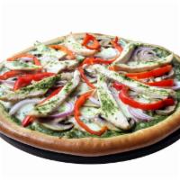 Pesto Chicken Pizza · With homemade pesto sauce, mozzarella cheese, red onions, red peppers, and mushrooms.
