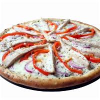 Garlic Chicken Pizza · White sauce, mozzarella cheese, chicken breast, red onions, red bell peppers, and fresh garl...