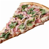Suro Slice · With homemade tomato sauce, mozzarella cheese, Canadian bacon, mushrooms, red onions and fre...