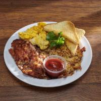 The Hash House · Corned beef hash and 2 extra large eggs. Includes shredded hash browns and choice of toast.