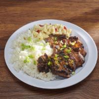 Hawaiian Barbecue Chicken Rice Plate · Served with steam white jasmine rice and a scoop of macaroni salad.