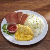 Spam, Eggs and Rice Plate · 5 pieces of grilled crispy spam, two eggs any style, served with steamed jasmine white rice.