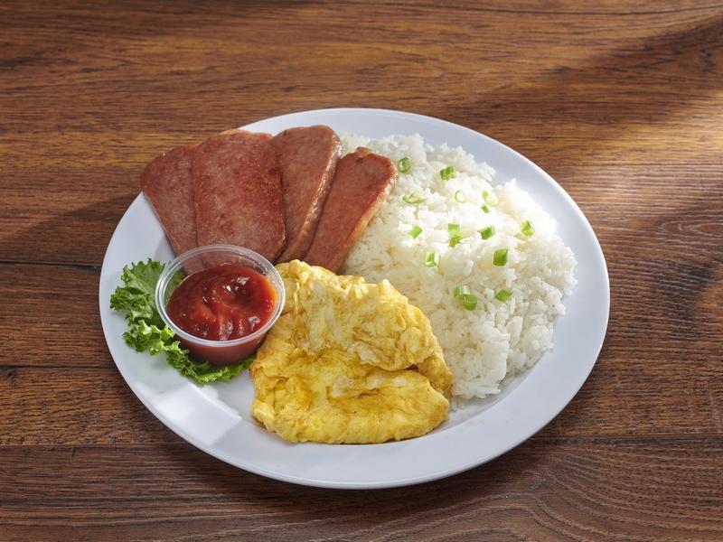 Spam, Eggs and Rice Plate · 5 pieces of grilled crispy spam, two eggs any style, served with steamed jasmine white rice.