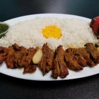 Shish Kabob · beef shish kabob,saffron rice,grilled tomato