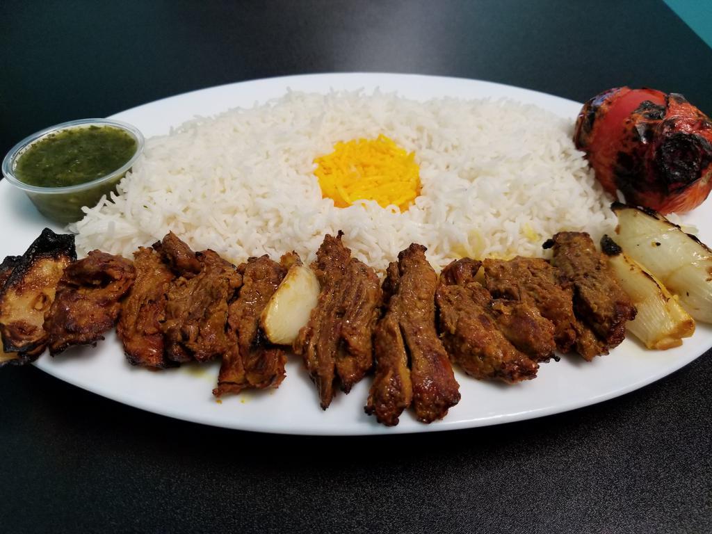 Shish Kabob · beef shish kabob,saffron rice,pita bread