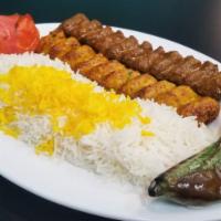 Chicken louleh Kabob · chicken louleh kabob,saffron rice,grilled tomato