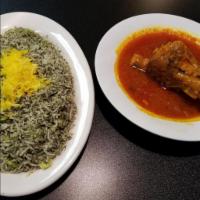 Baghali Polo with Lamb Shank · Baghali rice, lamb shank(serving with juice),pita bread