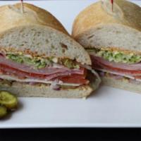 16. Italian Sandwich · Mortadella, salami, and pepperoni. Cajun mayo, Yellow mustard, lettuce, tomato, red onion an...