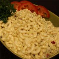 Macaroni Salad · Macaroni pasta, eggs, mayo, sweet pickles, red bell pepper, salt and pepper.