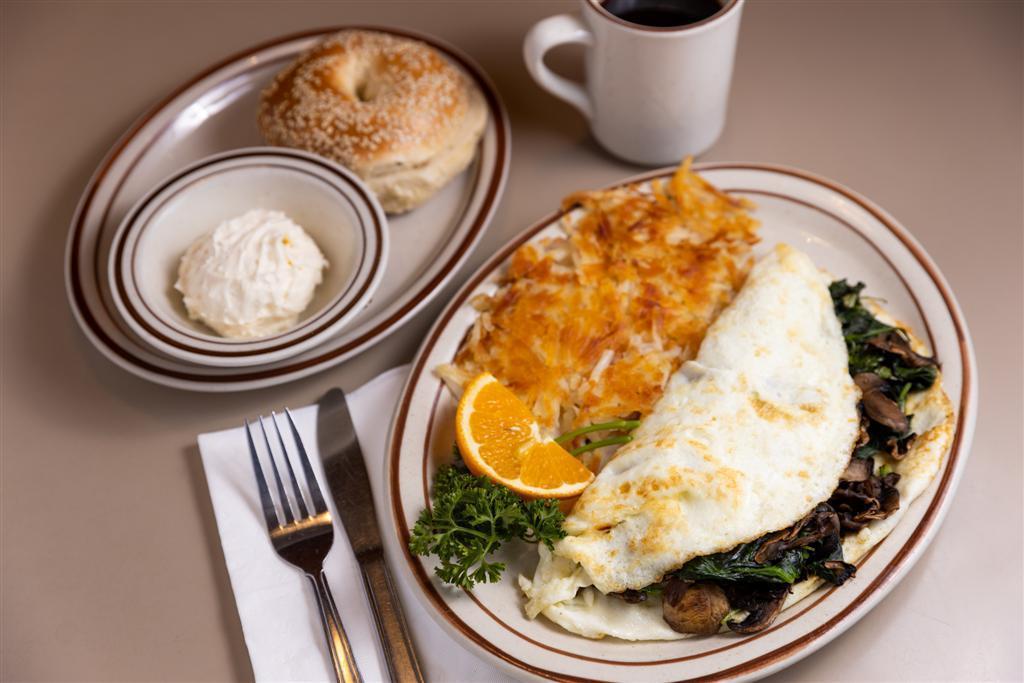 Spinach and Mushroom Egg White Omelette · Served with choice of side and bread with spread. 