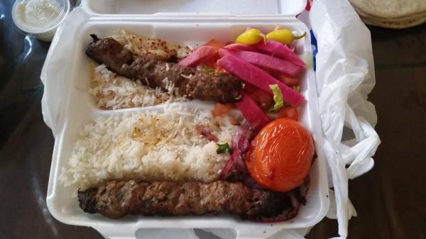 Lule Kabob Plate · Ground beef, hummus, rice, seasoned onions, roasted tomato, pickled turnips, and pita bread.